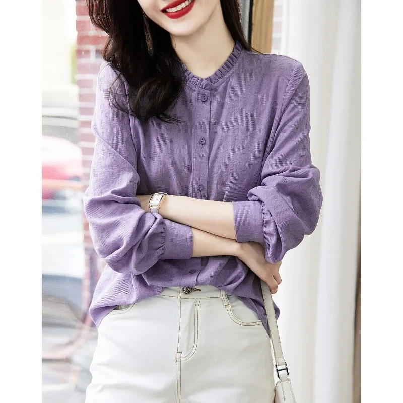 2023 Spring and Autumn Women\'s Solid Stand Collar Long Sleeve Single Breasted Slim Shirt Elegant Fashion Casual Office Lady Tops