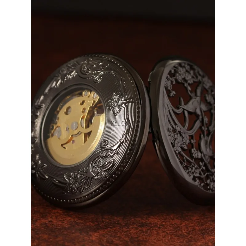 นาฬิกาพกกลอัตโนมัติเต็มรูปแบบย้อนยุคพลิกโลหะกลวงสร้อยคอนักเรียนจี้นาฬิกา