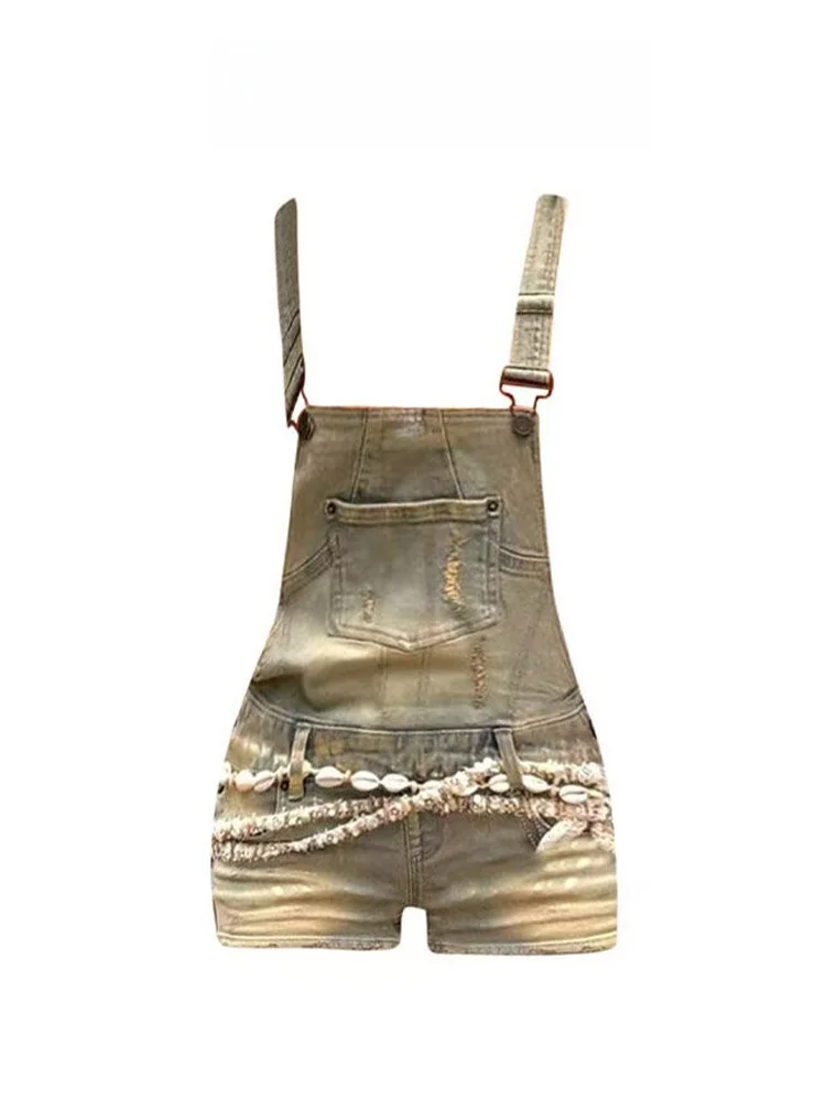 

Y2K Vintage Distressed Denim Overalls Short Summer Dress Women's Size Reducing Clothing High Waist Wide Leg Jeans