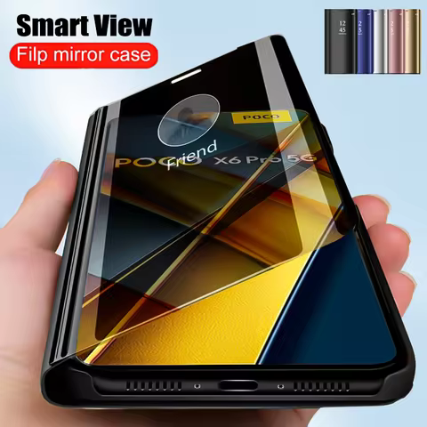 Luxury Smart Mirror Case For Poco X7 X6 X5 Pro X4 GT X3 NFC M5S M4 M3 M6 Pro Funda For Poco F6 F5 F4 C65 Flip Suppor Phone Cover