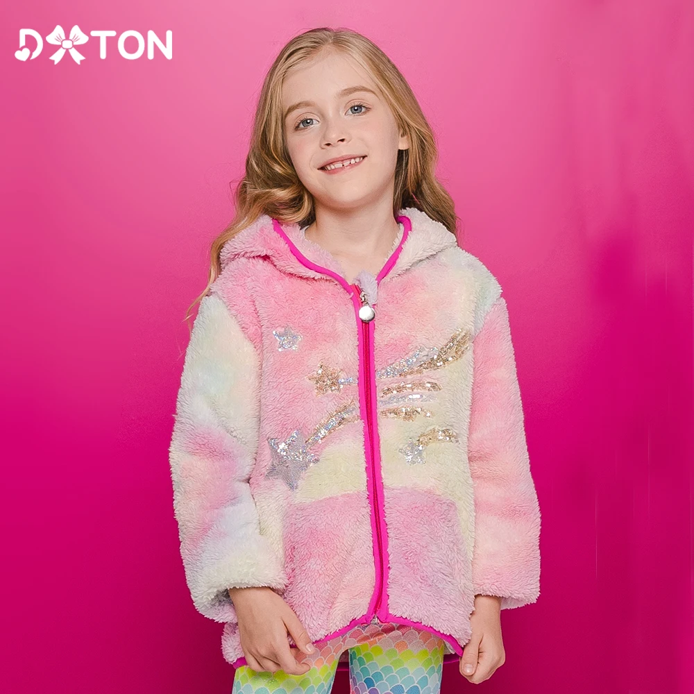 

DXTON Winter Girls Coat Warm Polar Fleece Toddlers Hooded Coat Sequin Applique Cardigan Zipper Children Casual Girls Outerwear