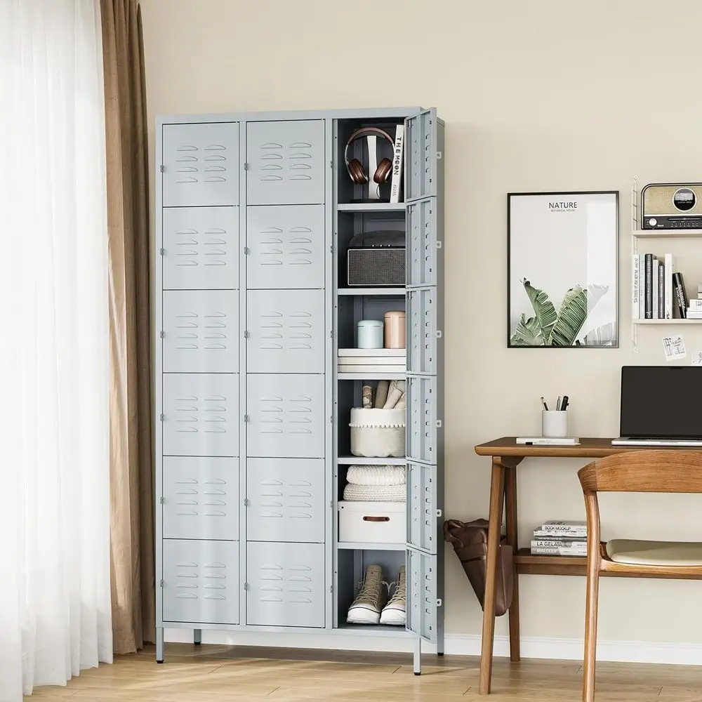 Employees-18 Door Storage Locker with Shelves and Lockable Steel Cabinet for School, Gym, Office, Staff (Grey, 18 Door)