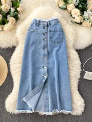 Foamlina Long Denim Skirt for Women Korean Fashion Vintage Tassels High Waist Single Breasted A-line Jeans Skirt with Pockets