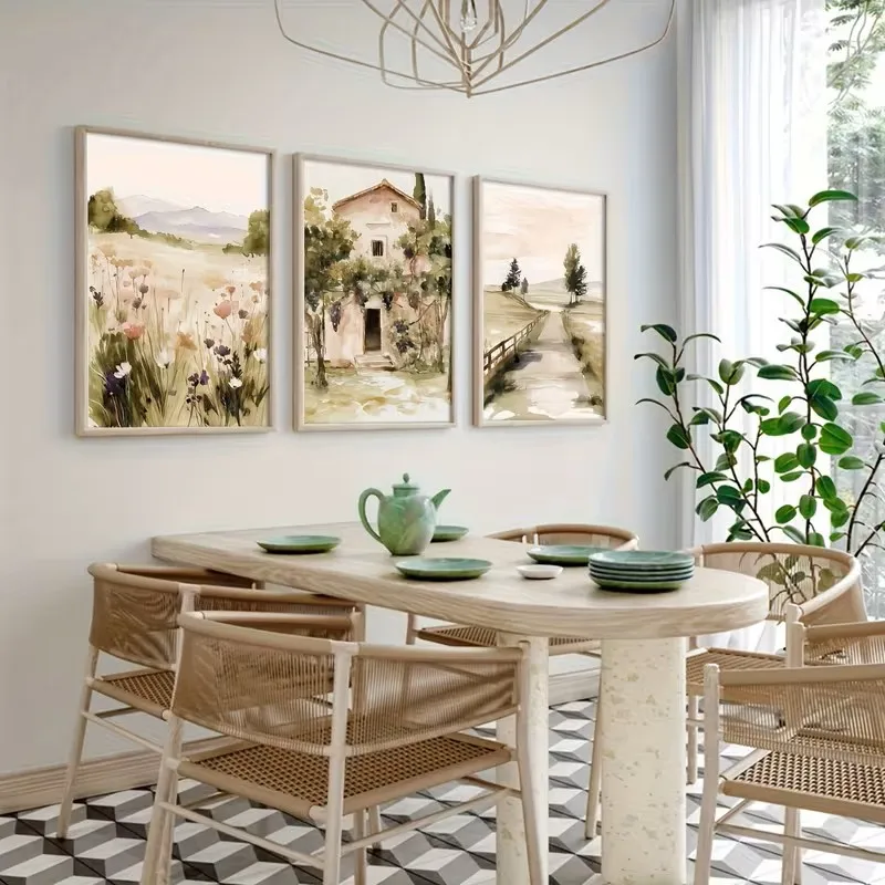 3pcs Spring Rural Scenery Paintings Rural Paths Rural Farmhouses Wildflowers Grassland Views Canvas