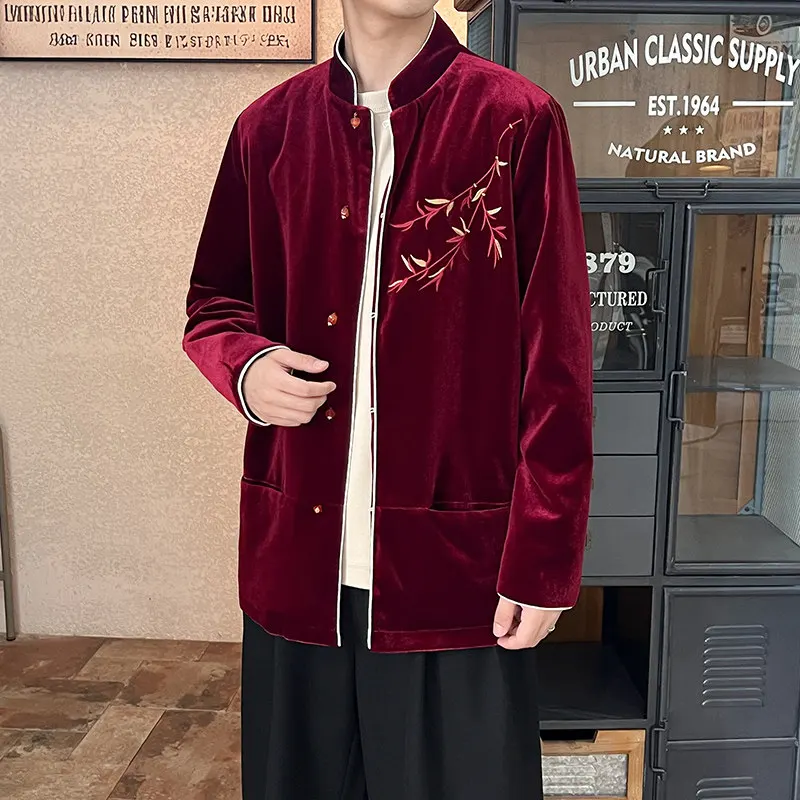 

New Chinese Sle Men's Velvet Jaet Tea Service Outerwear Embroidered Stand Collar Tang Costume Hanfu Autumn Winter Loose Fit