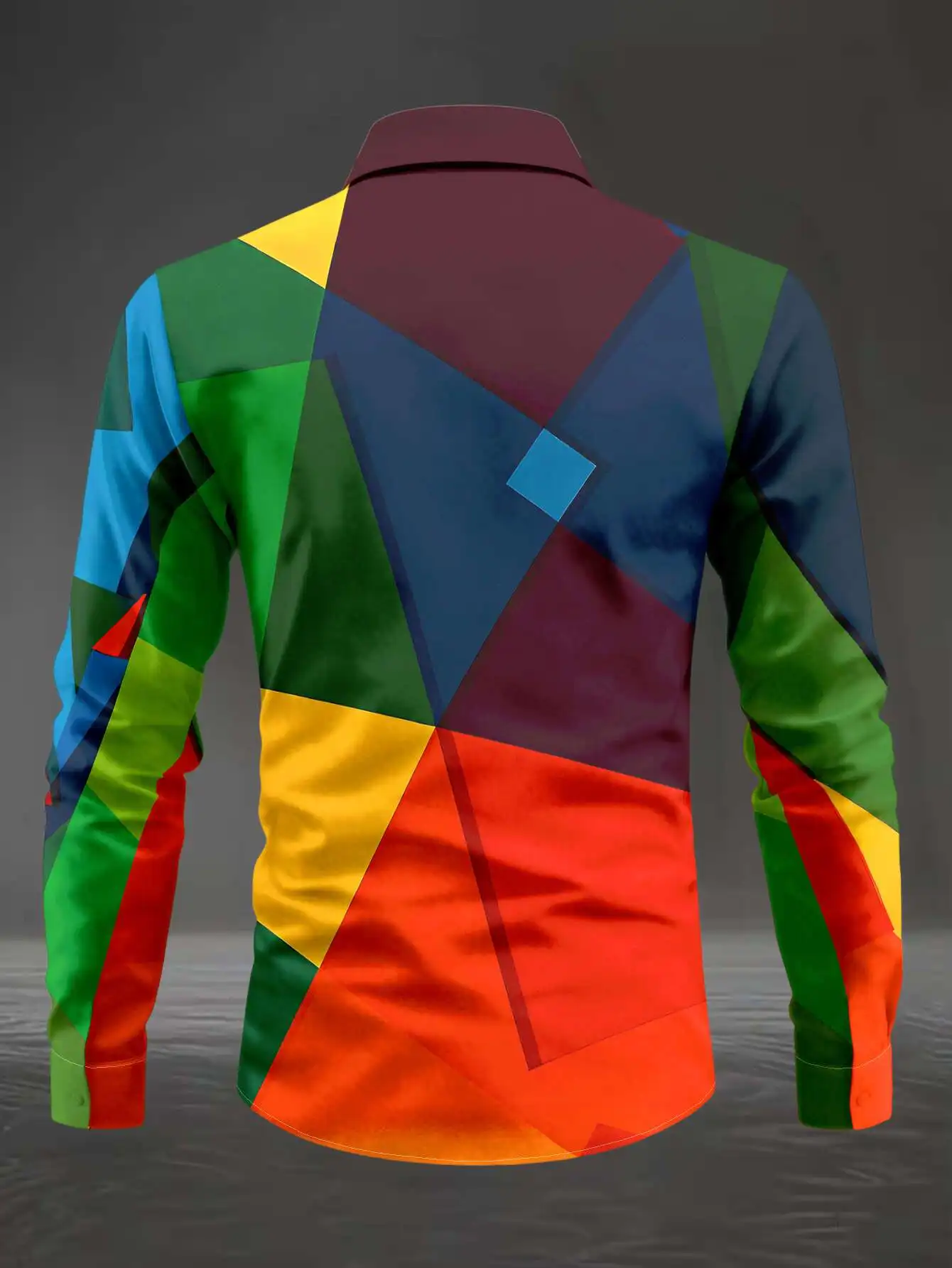 Men Long Sleeve Button Down Shirt Colorful Geometric Block Patchwork Print Polyester Lapel Collar Party Casual