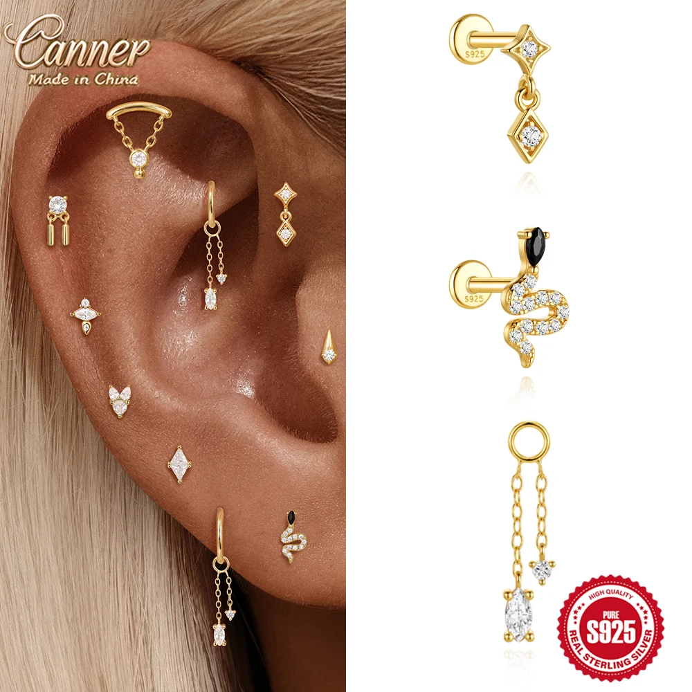 CANNER 925 Sterling Silver Ins Dangle Geometry Sparkling Mini Zircon Piercing Stud Earring Flat Back Internal Thread Dating Gift