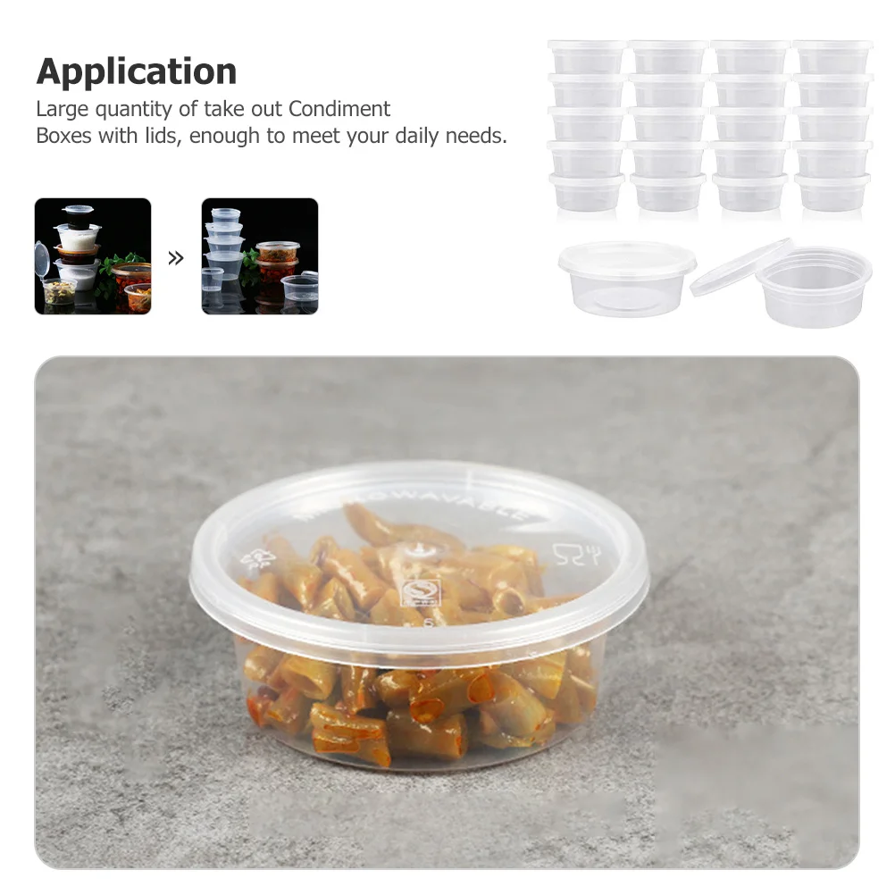

100Pcs Plastic Take Out Condiment Boxes Leakproof Sauce Cups Disposable Portion Cups Food Packaging Containers