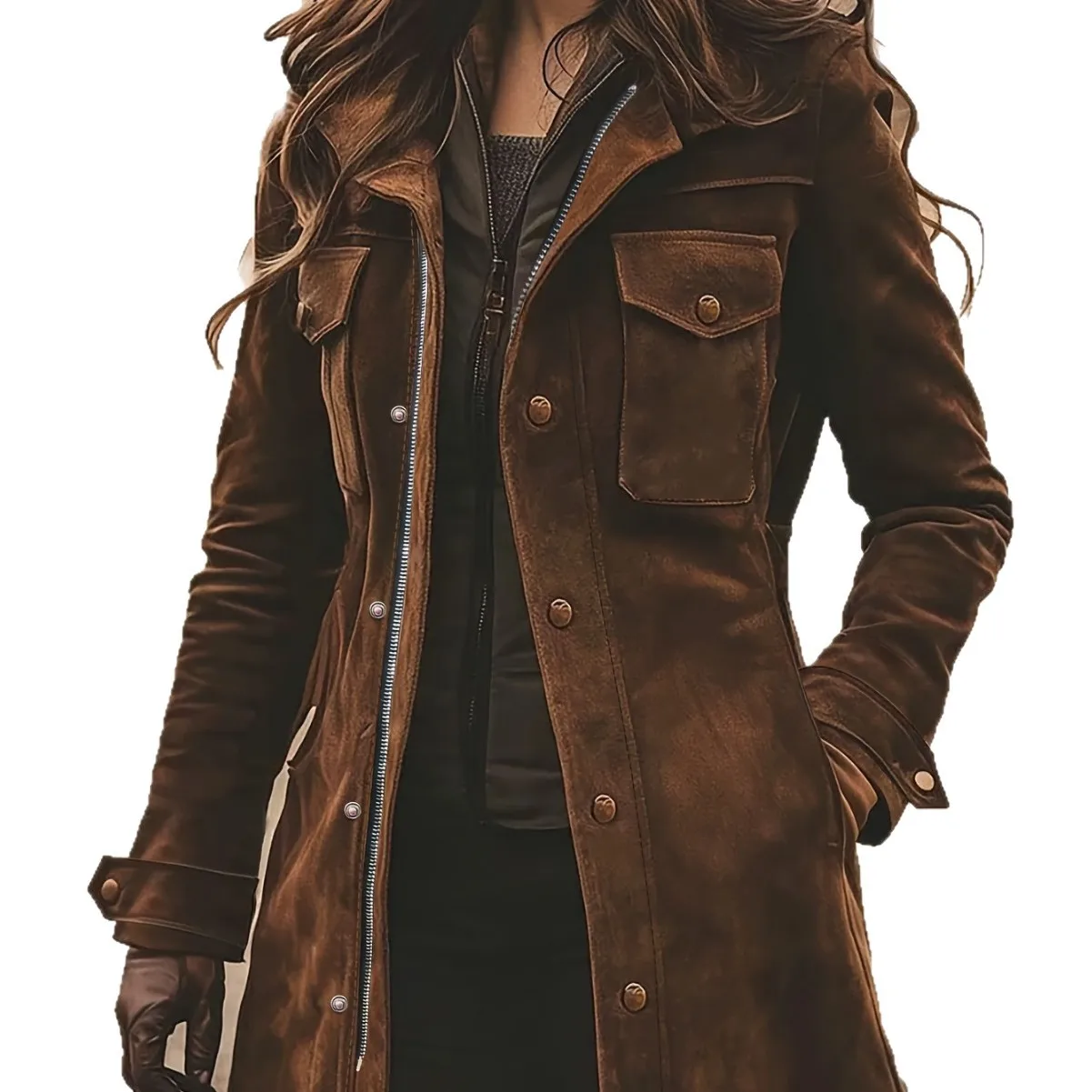Autumn Winter Vintage Coat Women's Turn-Down Collar Brown Suede Casual Jacket Warm Elegant Mid-Length