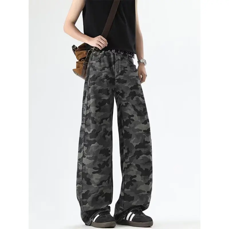 

Camouflage Spliced Straight Leg Men Cargo Pants Fashion Male Vintage Streetwear Wide Leg Versatile Casual Denim Trousers
