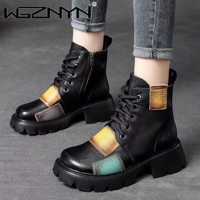 Women Ankle Boots Comfortable Wedges Female Lace Up Platforms Casual Woman Shoes Retro Color Matching Boot Ladies Botas Mujer