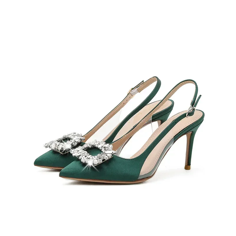 6cm Heels Women Luxury Sandals Satin Pointed Toe with Rhinestone High Heels Ankle Wrap Green Women Shoes 40 41