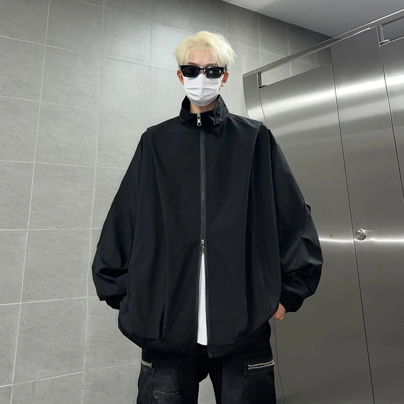 Gradient Gray Stand Collar Jacket Men Zipper Up Hip Hop Streetwear Jackets Windbreaker Loose Outerwear Casual Sports Coats