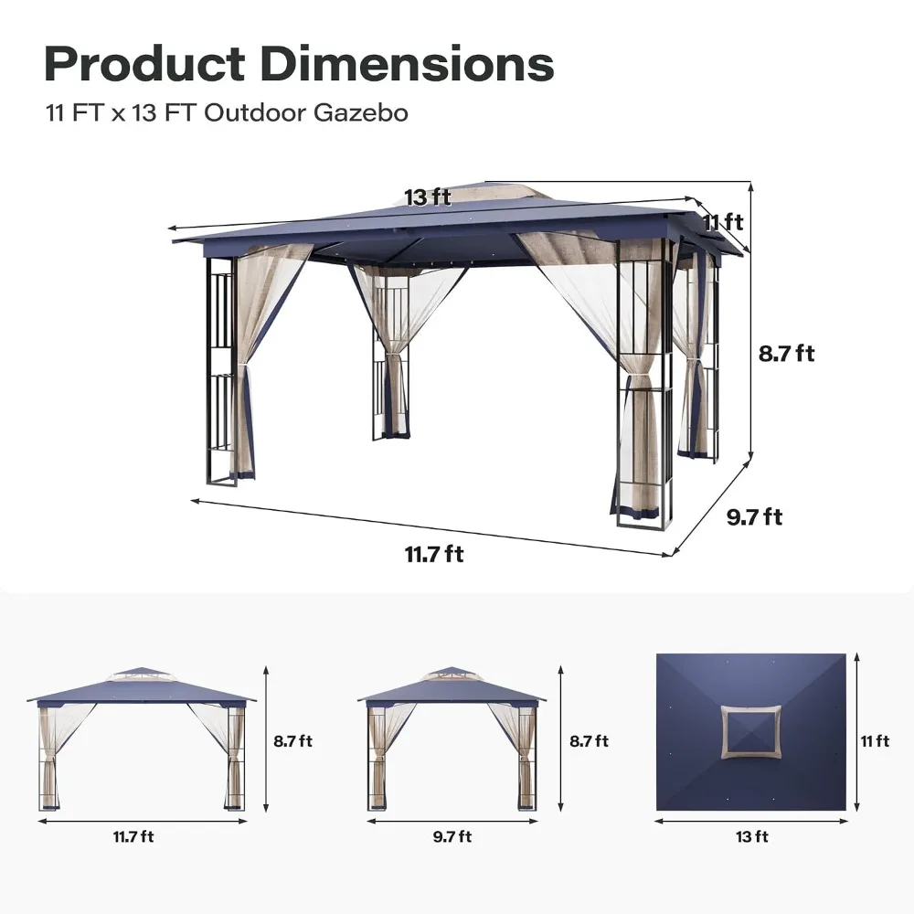 13x11FT Steel Frame Gazebo with Ventilated Double Roof & Mesh Netting, Patio Canopy Shelter for Backyard Lawn Deck, Custom