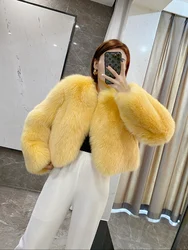 Short Fox Fur Jacket for Women, Long Sleeves, Plush, Natural Blue, Luxury Coat for Girls, New, Winter