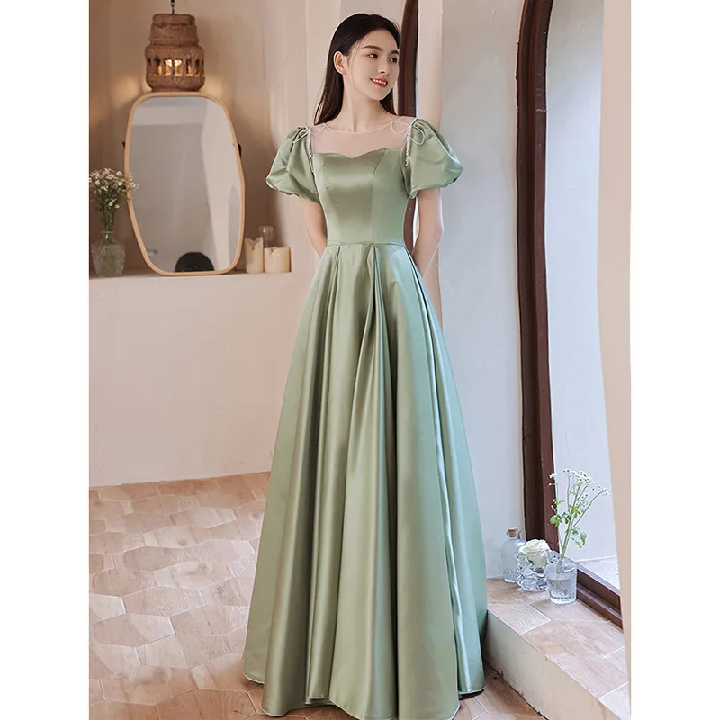 

Simple Green Satin Prom Dress Puff Short Sleeve Lace-Up Floor Length Evening Gown Large Size Elegant Banquet Vestidos