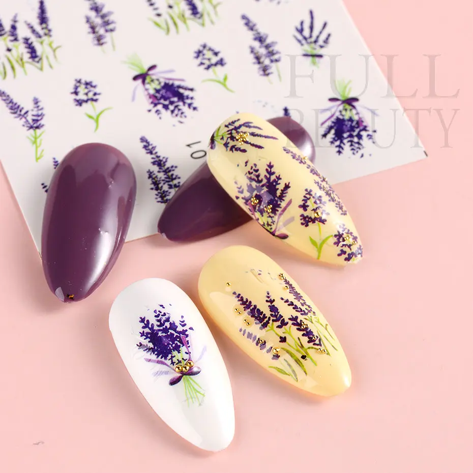 Purple Lavender Flower Stickers on Nails Lavandula Plants Floral Watermark Decals Nail Art Slider Tattoo Decoration DIY NLJUF-01