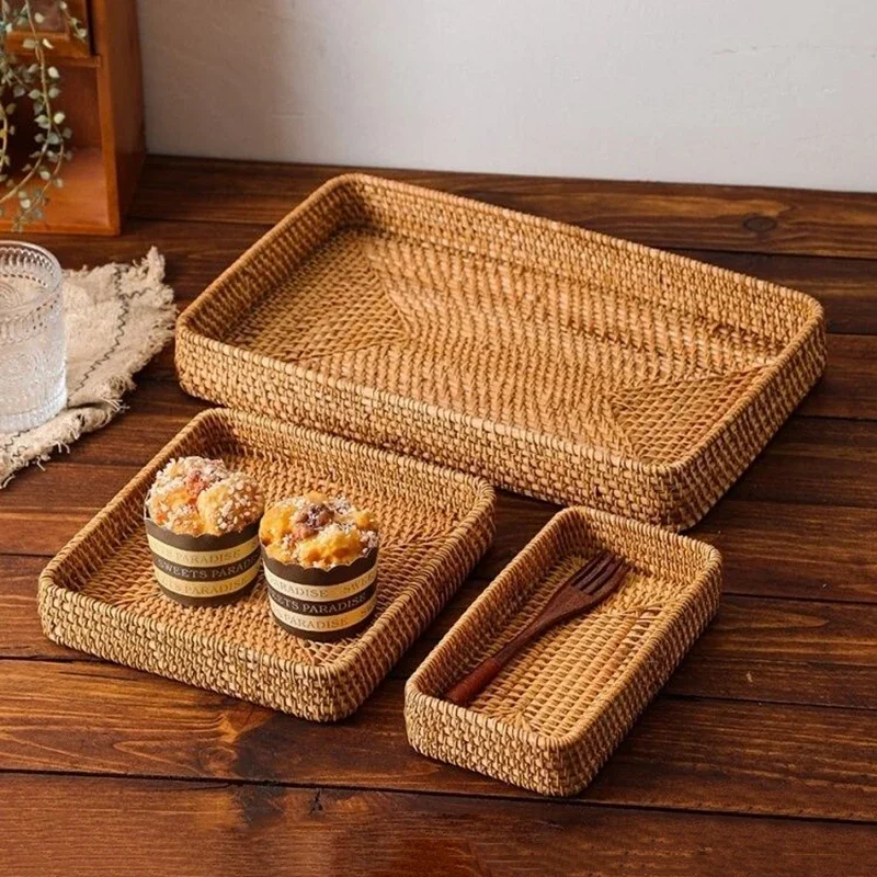 

Handmade Rattan Fruit Tray Household Storage Basket Dinner Table Breakfast Snack Bread Candy Plates Hand-woven Tray Basket