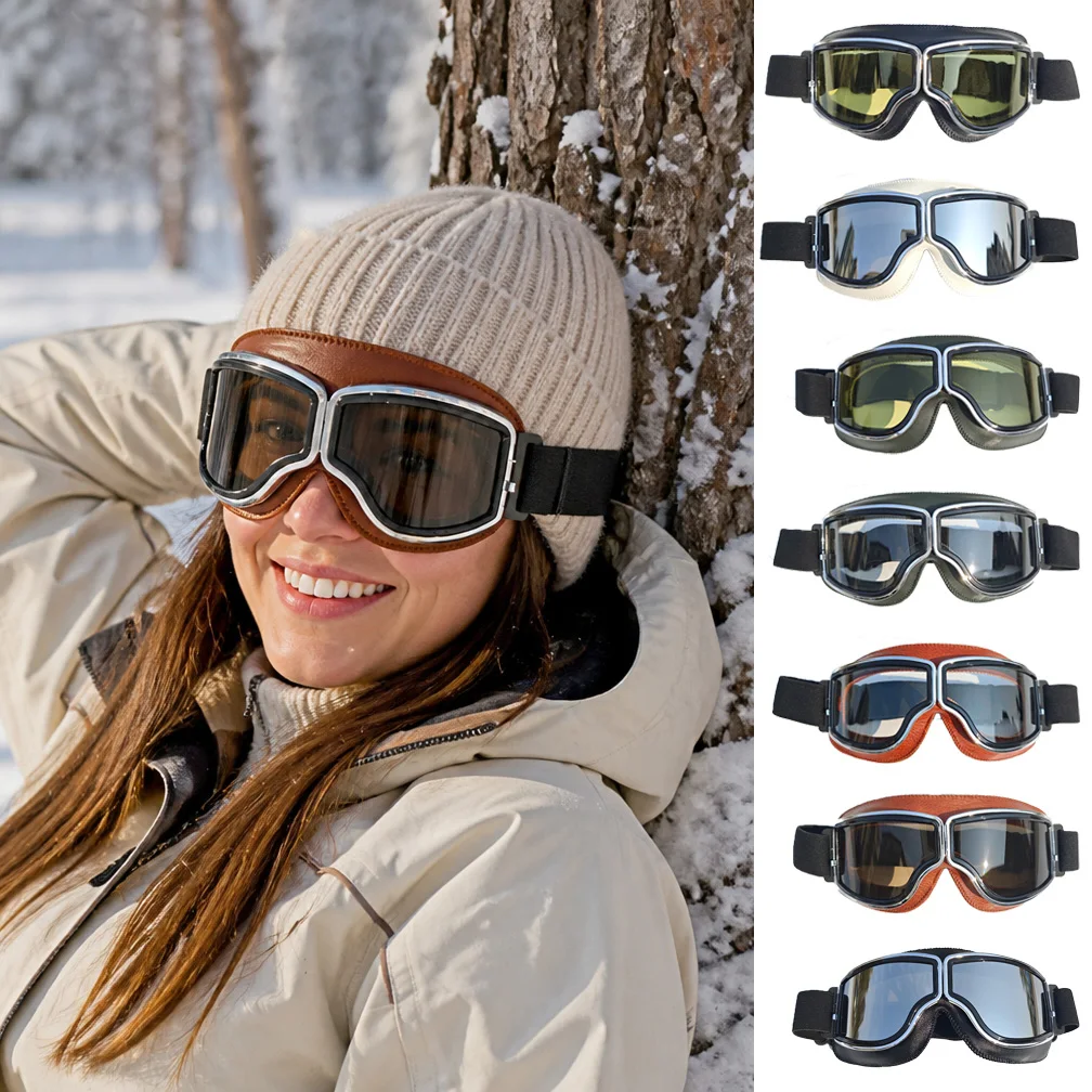 Retro Motorcycle Leather Goggles, Soft Padded Cushion, Wide Clear Vision, for Motocross Ski MTB Dirt Bike Outdoor Sports