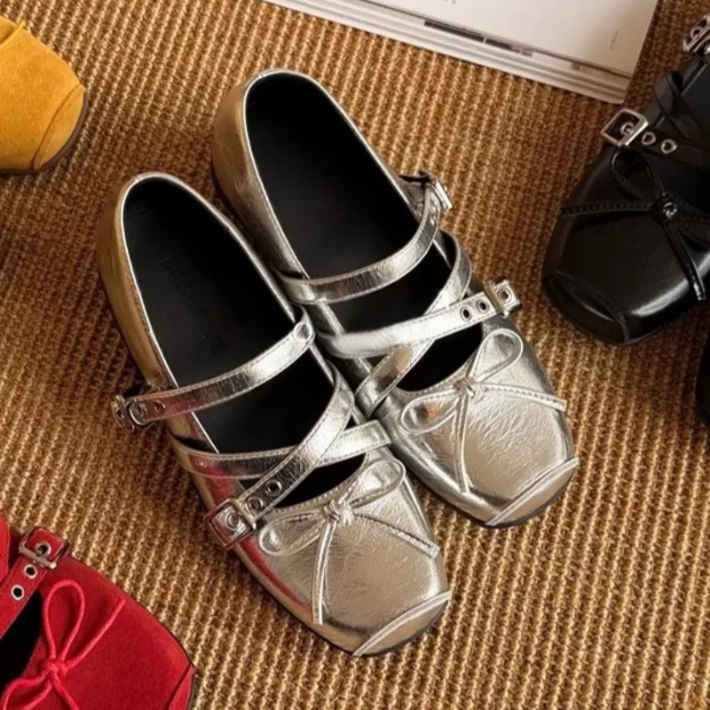 

2025 Brand Ladies Shoes Buckle Strap Women's Flats Fashion Butterfly-knot Ballet Flats New Square Toe Best Seller Flat Shoes