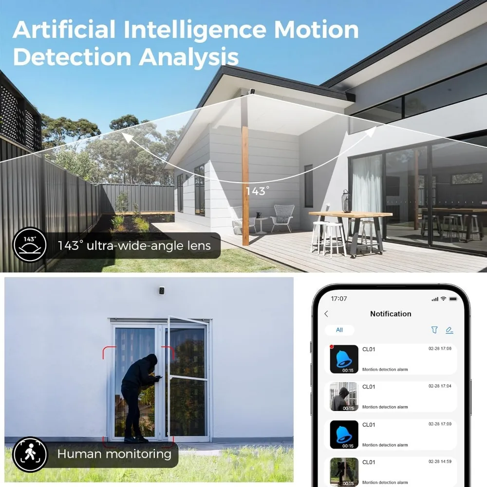 Telecamera di sicurezza wifi 4K - 143 ° fov - visione notturna a infrarossi - rilevamento doppia identificazione pir+radar - conversazione bidirezionale - alexa e googl