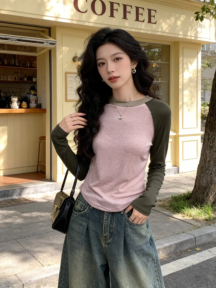 

Slim Fit Long Sleeve Base Tee Pink Shoulder Insert T-Shirt Women's Casual Style Inner Wear Short Top Spring New Arrival