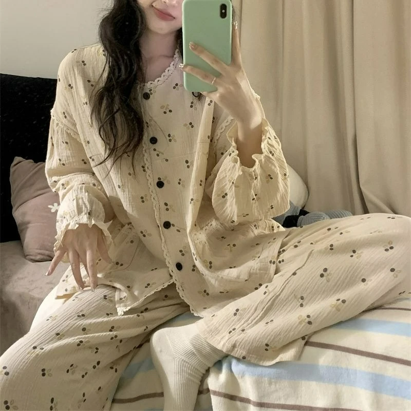 Pajamas Women Spring Autumn Korean Version Ins Sweet Lace Long Sleeves Trousers Internet Celebrity Loose Student Loungewear Suit