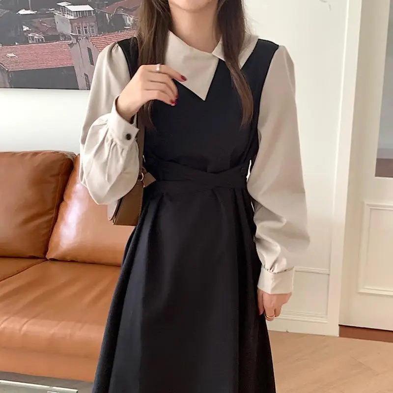 2024 New Autumn Korean Waistline Dress for Womens Fashion Vintage Black Dress Elegant Long Women Dresses Lapel Lace-up Y2k Skirt