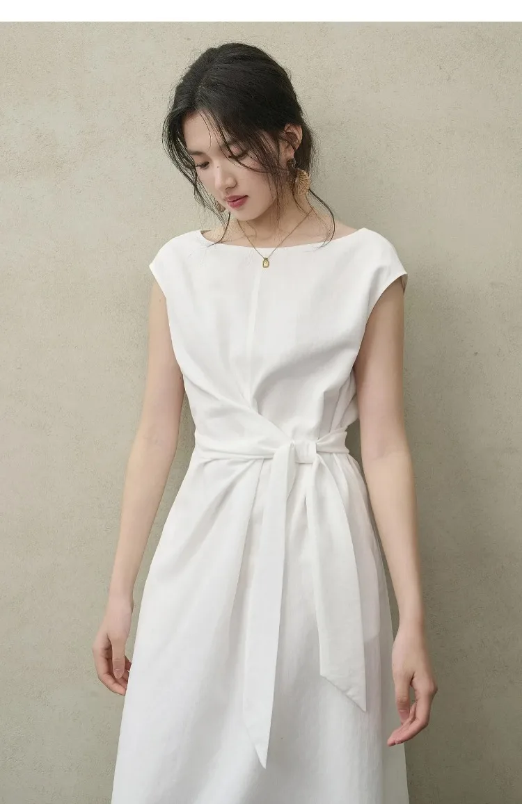 SENTUBILA Damen Weißes Freizeitkleid im A-Linien-Schnitt 2026 Neues Elegantes Bürokleid mit U-Ausschnitt, Taillenband und Raglan-Kurzärmeln 162LI6088 – Detail 20
