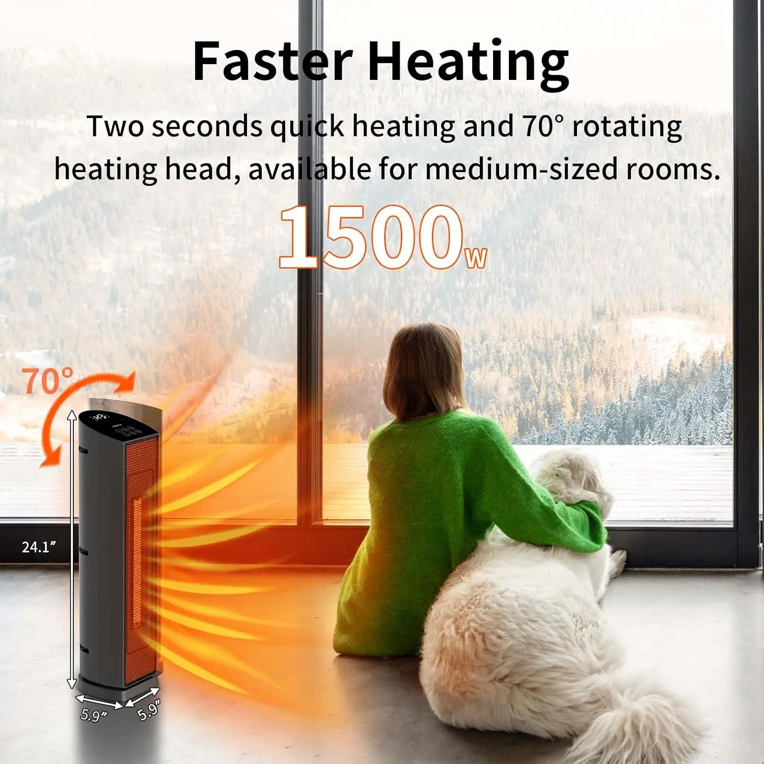 Space Heater for Indoor Use with Remote - 70° Oscillating Tower Electric Heater, 24 Inchs, 12H Timer, 1500W Quiet PTC Ceramic
