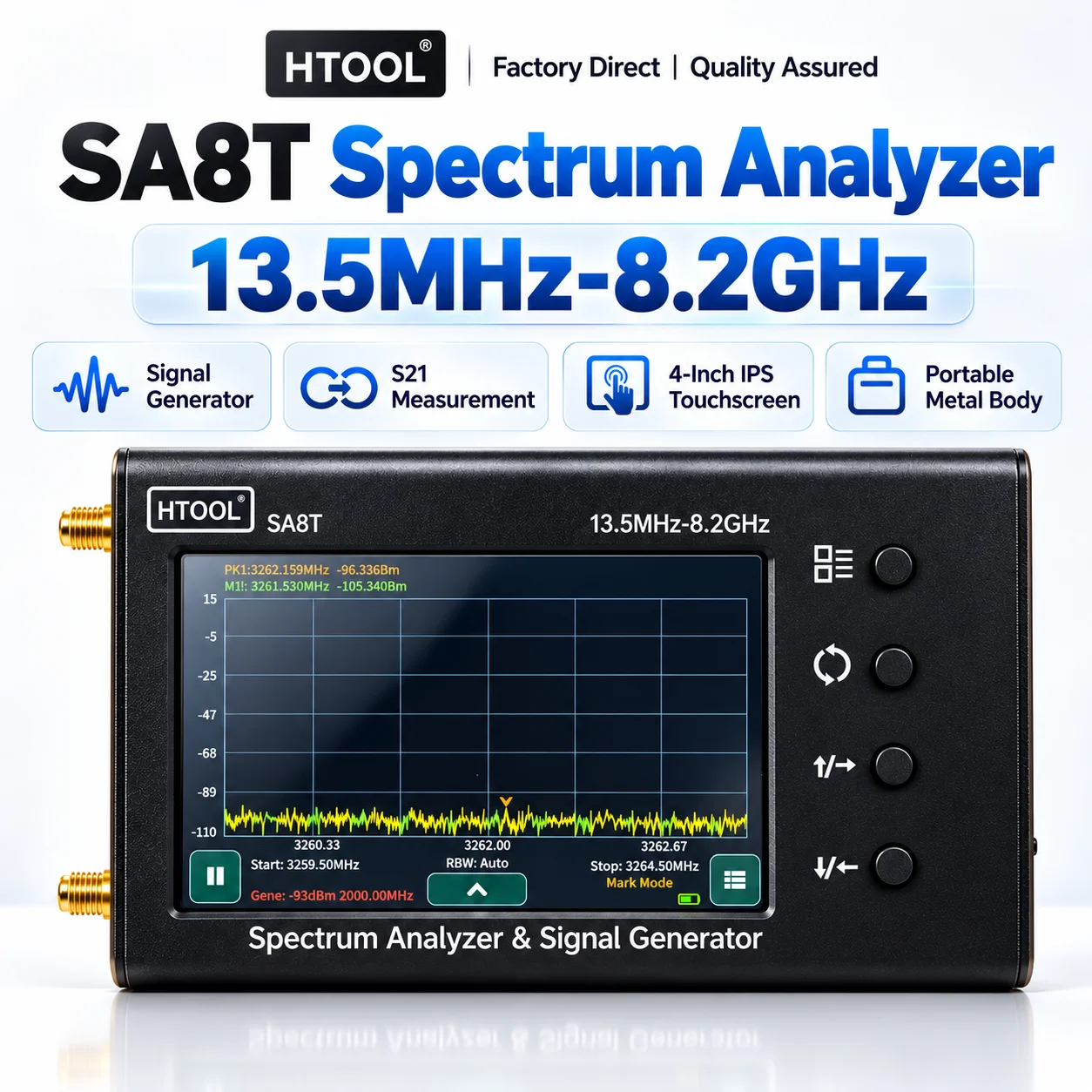 Handheld Spectrum Analyzer HTOOL SA8T 13.5MHz-8.2GHz Signal Generator S21 Measurement 4-Inch IPS Touchscreen 0.75s Full-Band Swe