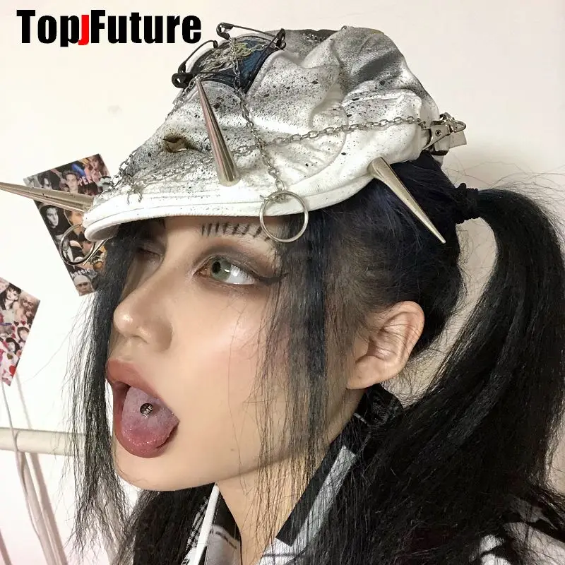 Harajuku Gothic Lolita Hat Women Punk Chain Subculture Spice Girl  Cap Hat Female Y2K Girls Accessories Spike Streetwear Sun hat