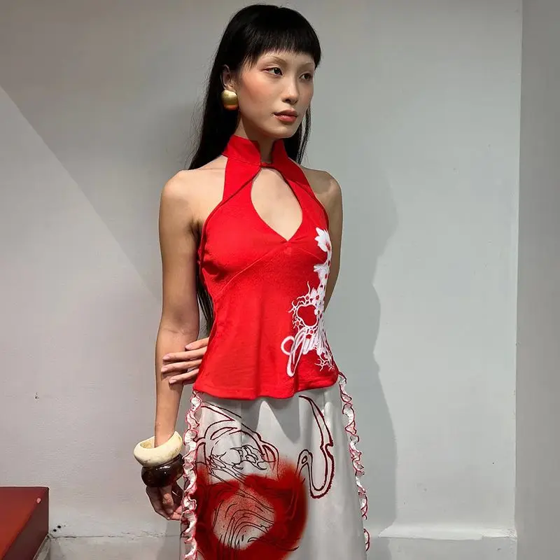 

Chinese Style Two Piece Set Floral Print Corset Top High Waist Skirt Coquette Aesthetic Y2K Streetwear Summer Outfit