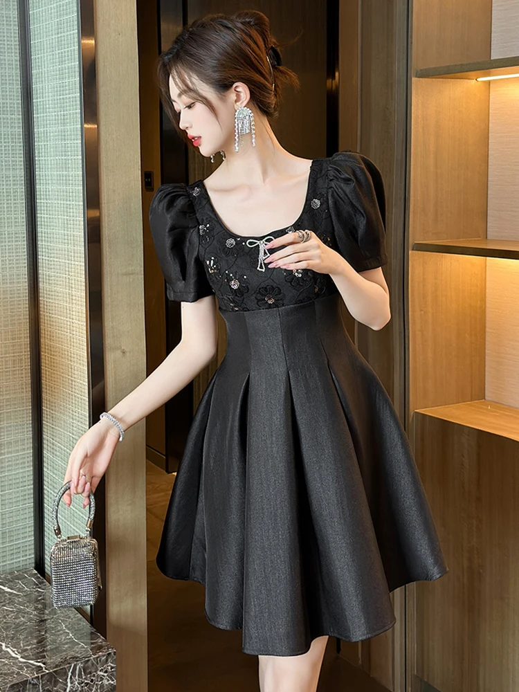 Quality French Evening Dress Women Clothes Exquisite Sweet Black Sequin Flowers Short Robe Lady Party Club Prom Vestidos Mujer