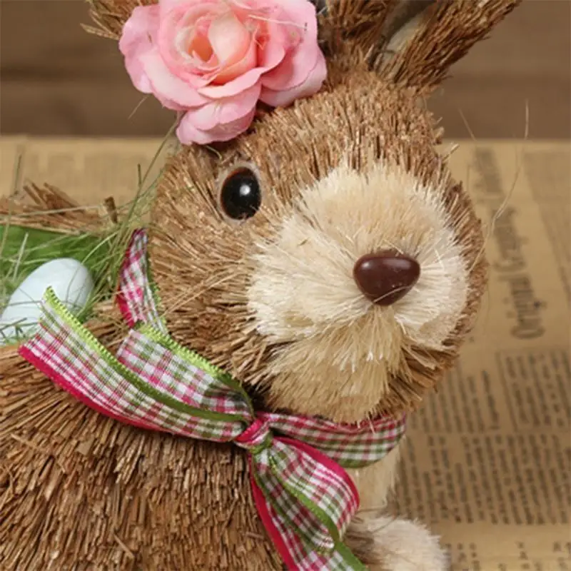QX2E Artificial Straw Eggshell Easter Rabbit Figurines Woven Bunny Desktop Ornaments