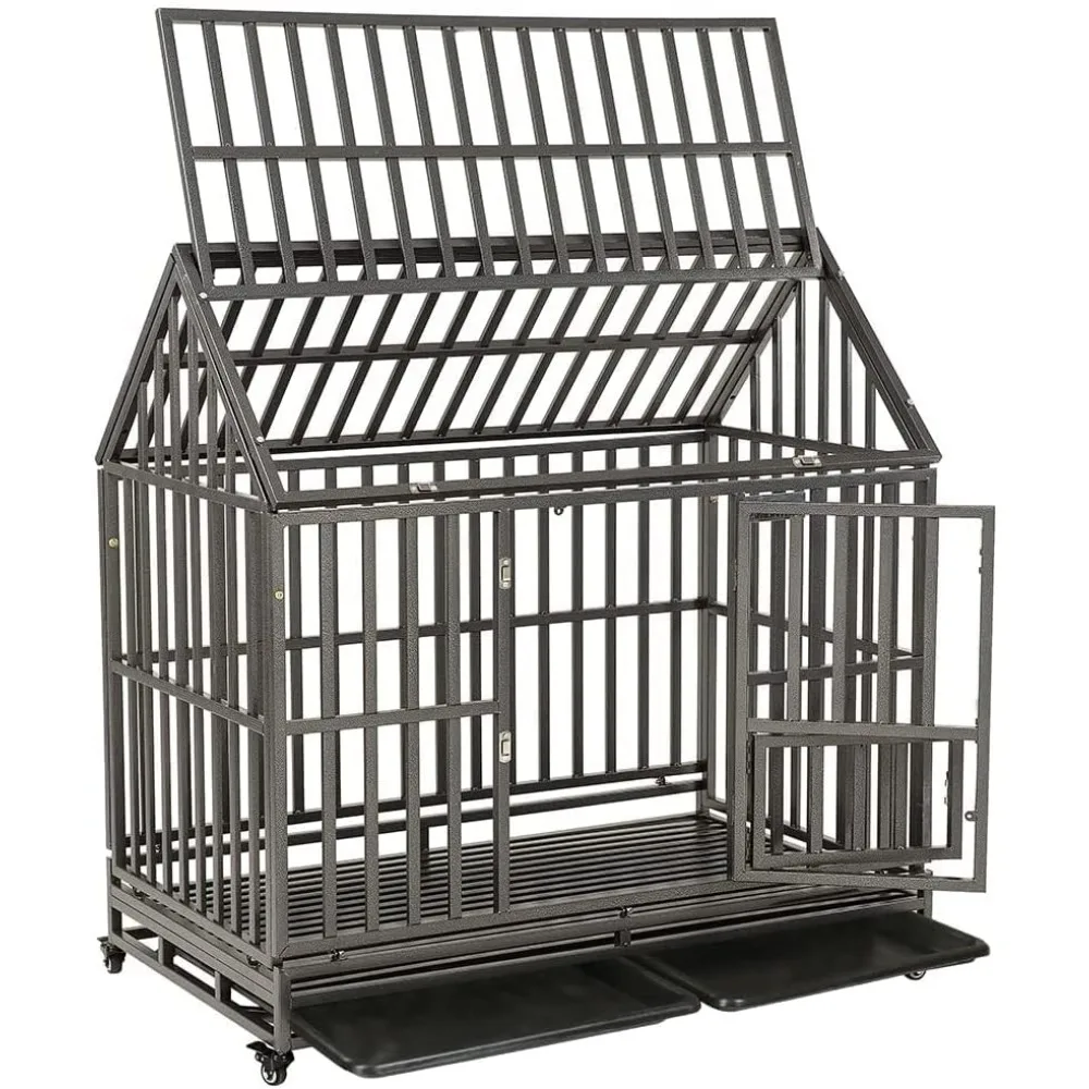 

SMONTER 48" Heavy Duty Dog Crate Strong Metal Cage House Shape Pet Kennel Crate Playpen with 4 Locking Wheels