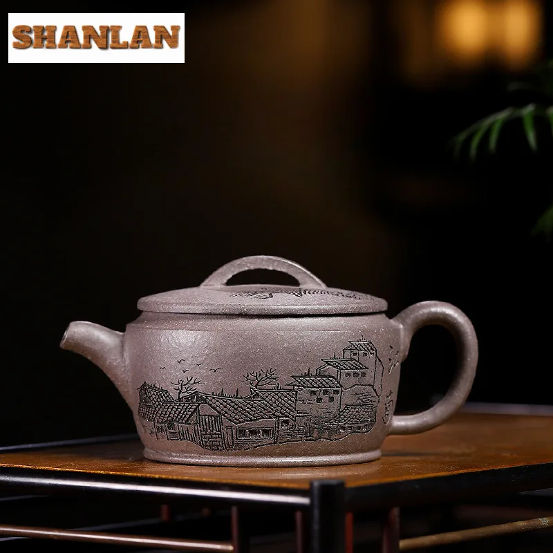 

250ml Ancient Yixing Purple Clay Teapots Handmade Large Caliber Pot Raw Ore Pea Green Mud Kettle Chinese Zisha Tea Set Drinkware