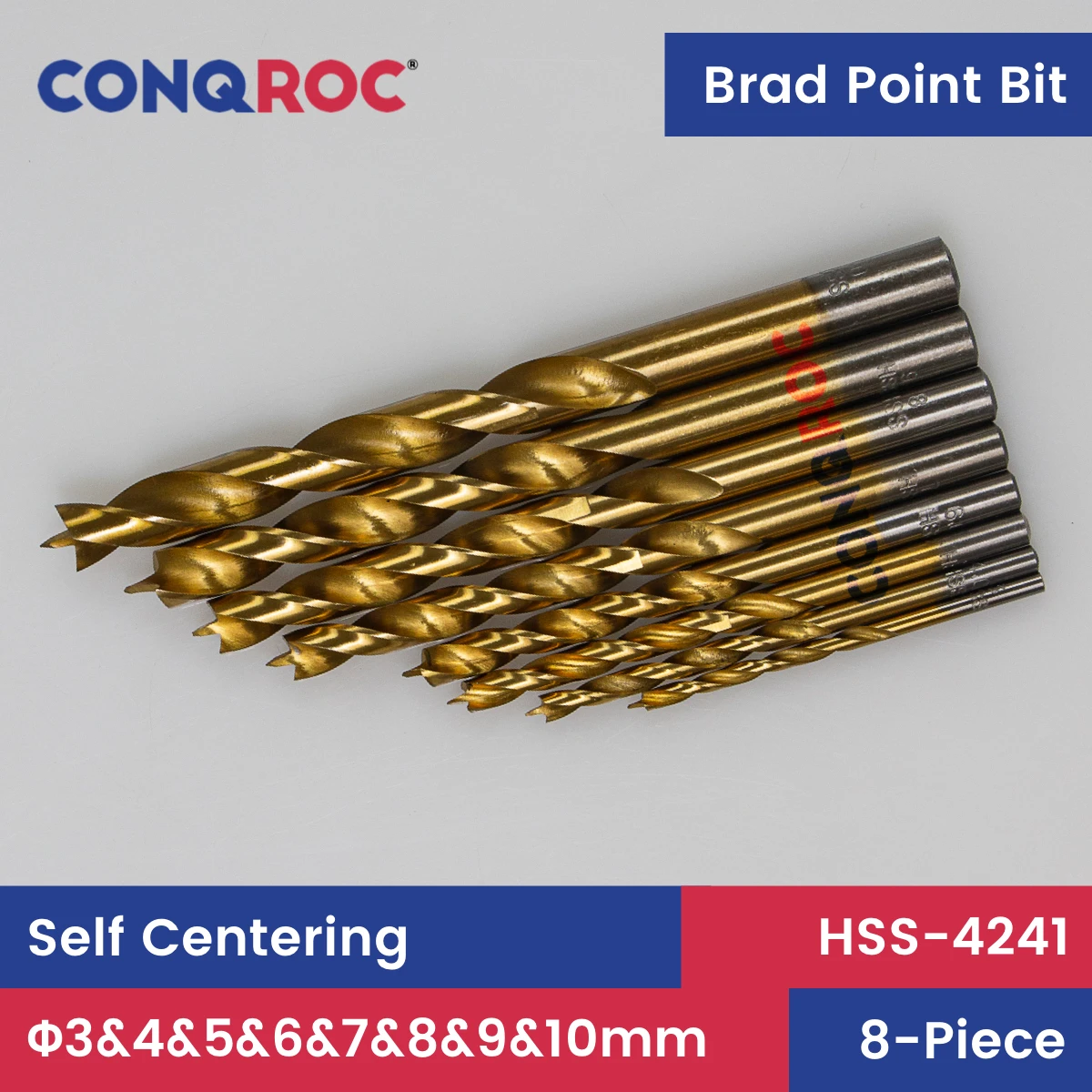 8 Pieces Brad Point Drill Bits Set HSS-4241 Self-Centering Diameter-3&4&5&6&7&8&9&10mm Titanium Coated Woodworking Hole Openers