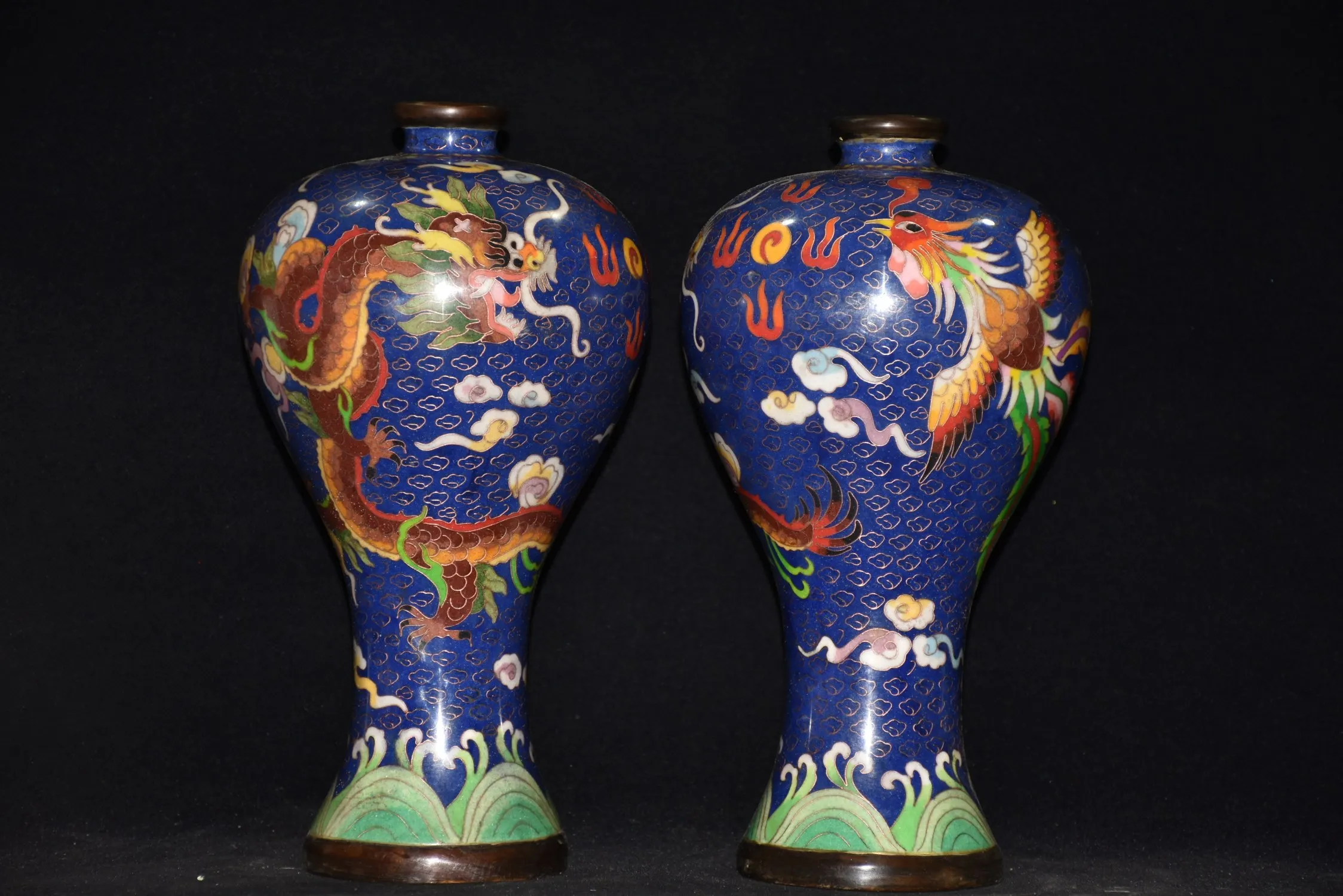 

12"Tibetan Temple Collection Old Bronze Cloisonne Enamel Dragon Phoenix pattern Longevity bottle Vase A pair Ornaments