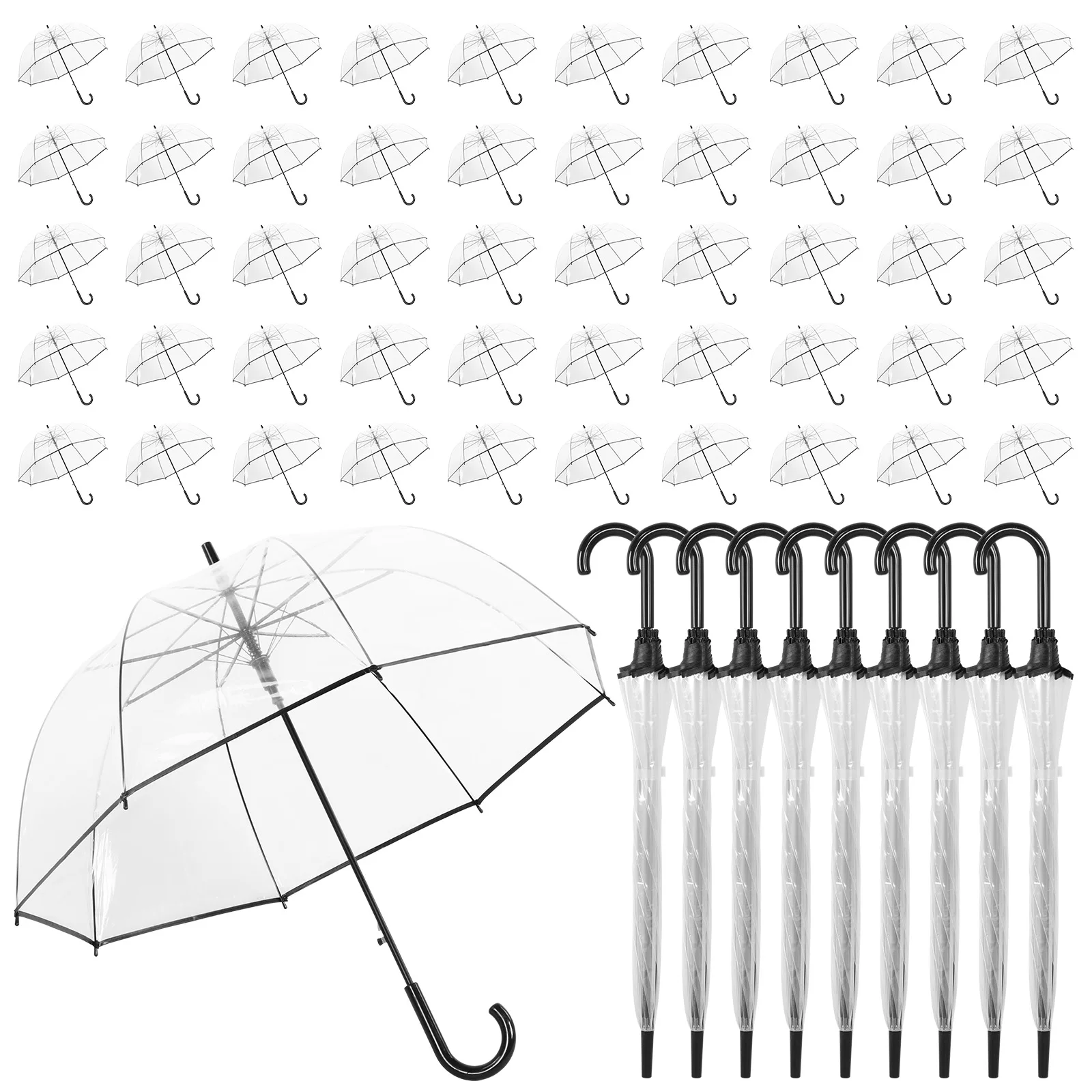 

60pcs Transparent Rain Umbrellas Bulk with Classic Hook Handle 8 Ribs Auto Open Bubble Rain Umbrella for Wedding Travel Dating