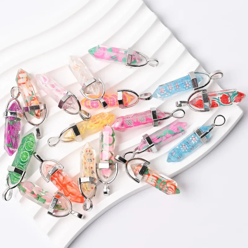50pc/lot Wholesale Resin Hexagonal Prism Shape Flower Fruit Charms Inside Glass Colorfull Pendant Jewelry Making