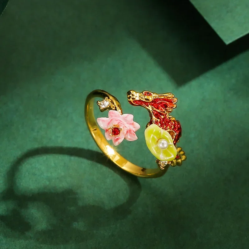 

New Fashion Niche Design Hand-painted Enamel Glazed Glass Pearl Pink Lotus Green Leaf Red Zodiac Dragon Ring Open Ring Gift