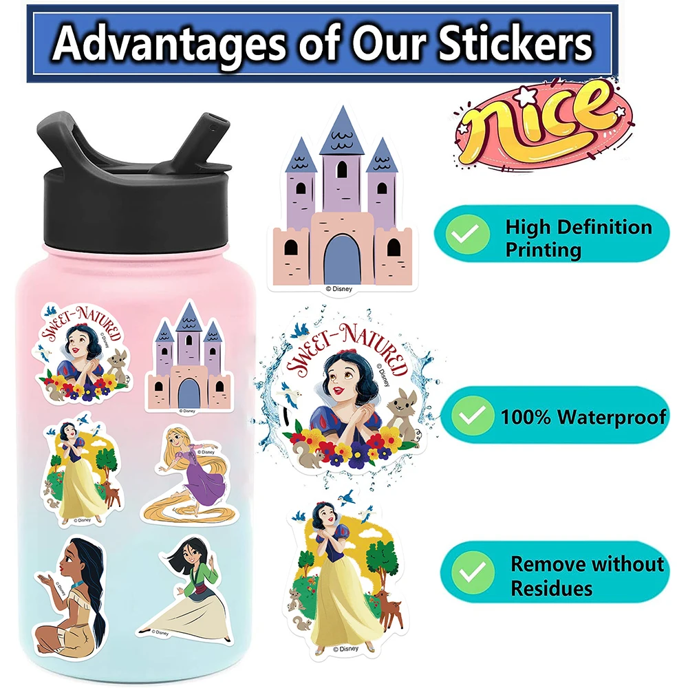 10/30/50/100PCS Cute Disney Princess Stickers Cartoon Decals DIY Laptop Phone Fridge Notebook Bike Car PVC Waterproof Kids Toys