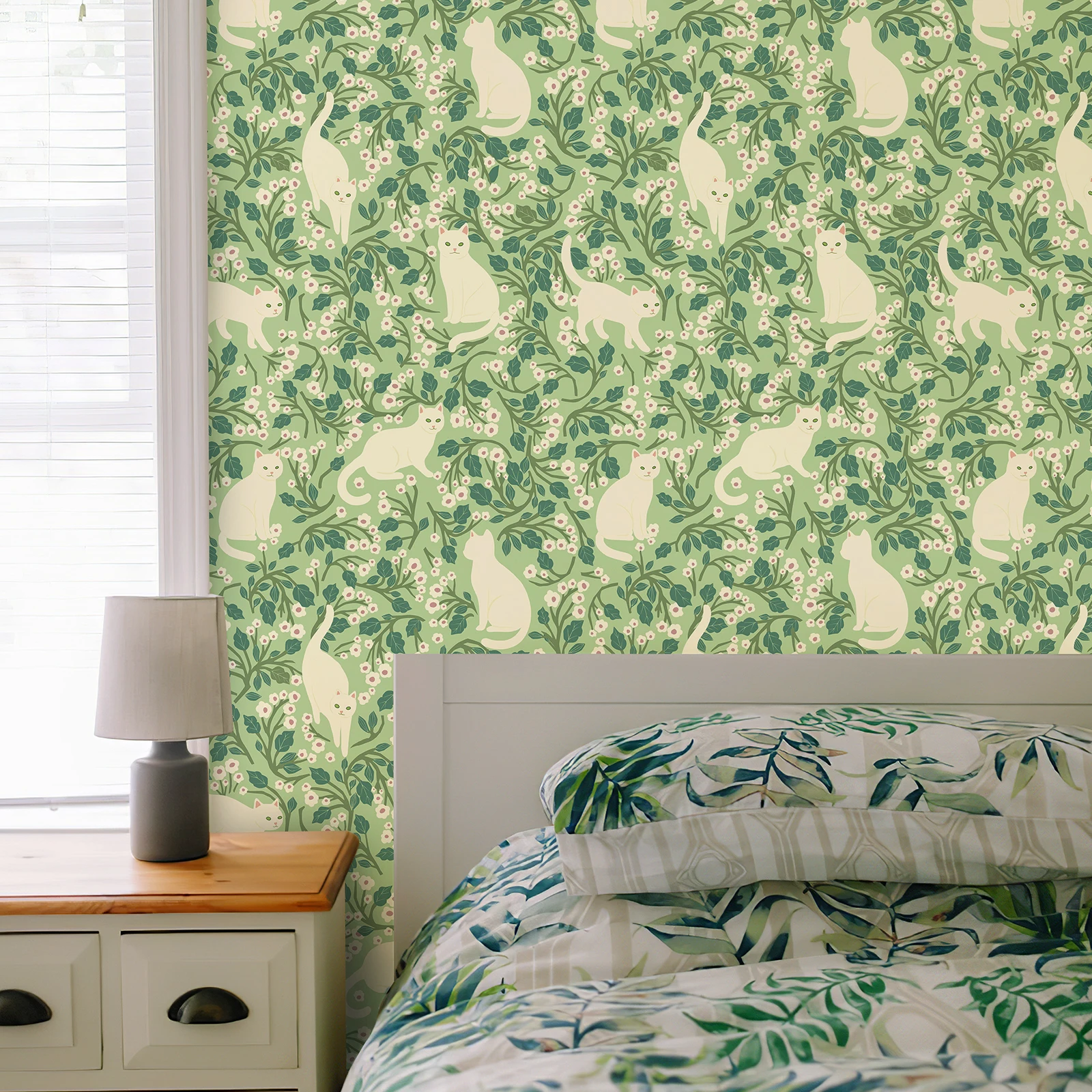 Cute White Cats With Green Leaves Wallpaper Self-adhesive Waterproof Floral Leaves for Bedroom Living Room Chic PVC Home Decor