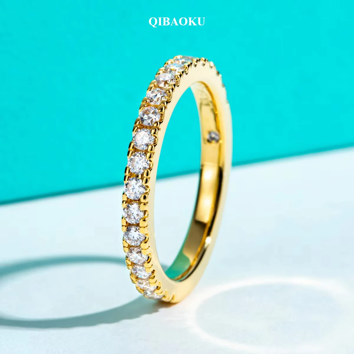 QIBAOKU 1.9MM D Color Moissanite Diamond Band Ring 18K Gold Plated Wedding Yellow Color Rings for Women Jewelry Wholesale 2026