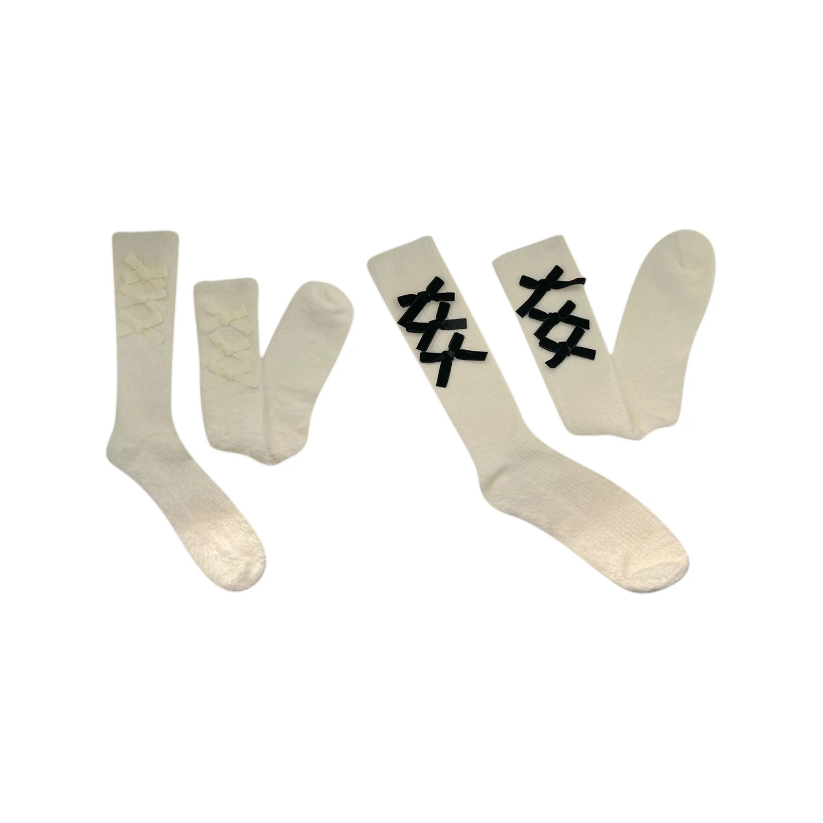 

Japanese style bow mid-calf socks set, light yellow + black, one pair each