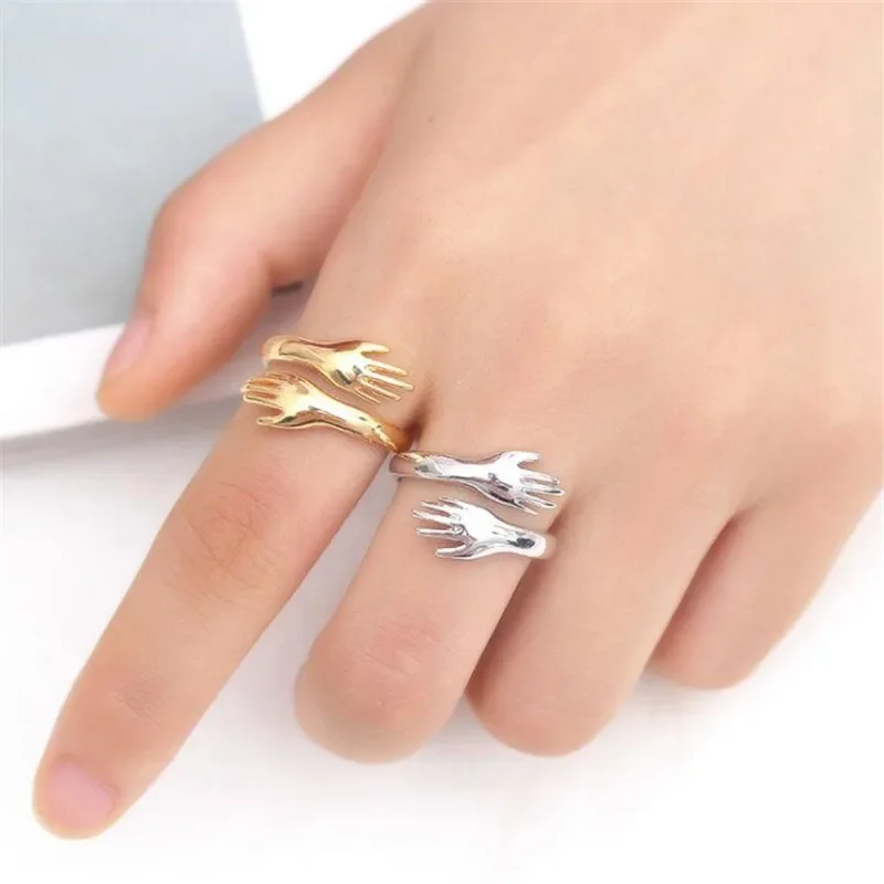 Couple Hugging Ring Creative Personality Simple Fashion Silver Jewelry Hug Hand Peace Love Exquisite Opening Rings