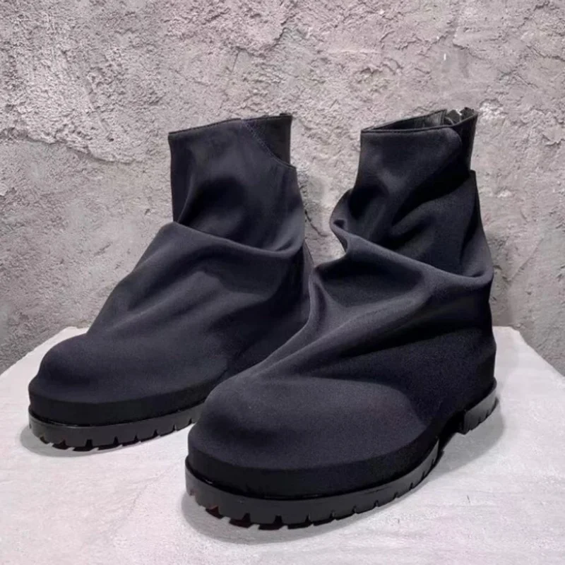 Autumn Back Zipper Folded Canvas Boots Mens High Top Shoes Platform Shoes Black Thick Soles Height-increasing Men's Boots