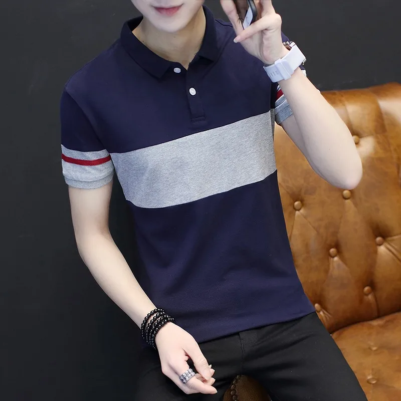 Men's Navy & Gray Contrast Stripe Short Sleeve Polo Shirt Red Accent Cuff Slim Casual Trendy Top