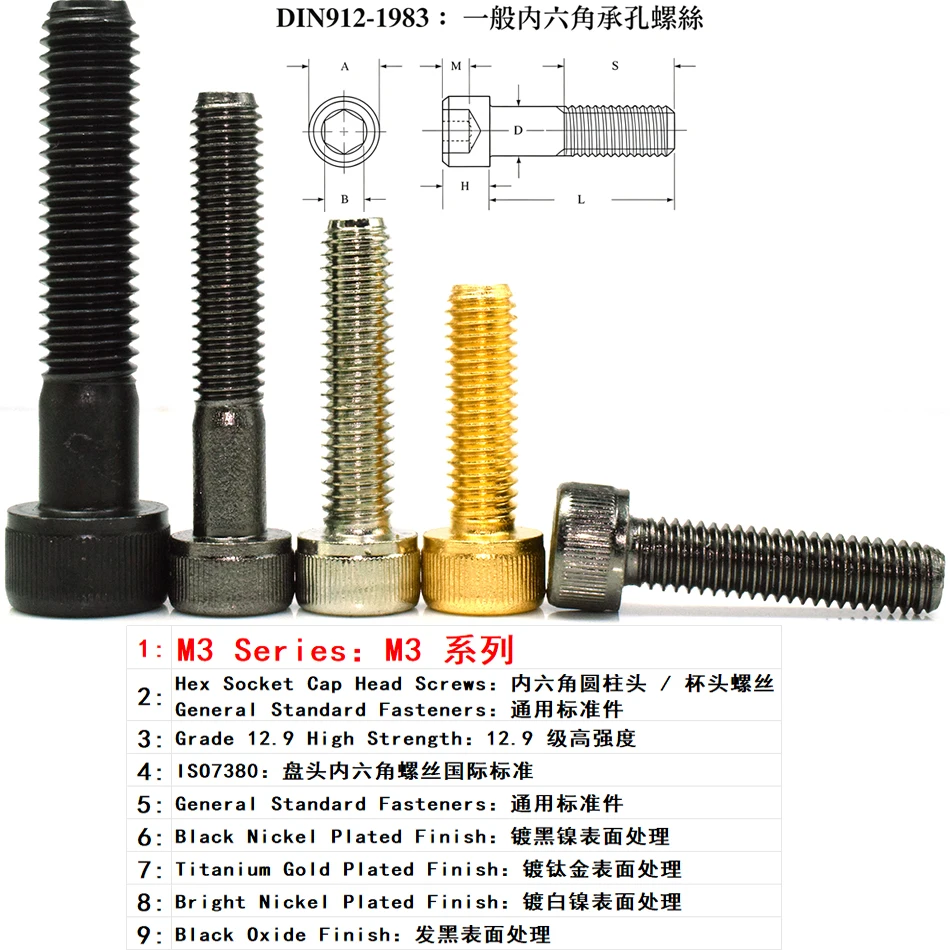 M3 Hex Socket Cap Head Screws Assortment Kit, Grade 12.9 SCM435 Alloy Steel, DIN912 Standard, for Model Parts & Industrial Faste
